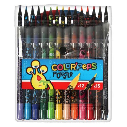 Filctoll és színes ceruza készlet, MAPED "Color'Peps Monster" 12+15 különböző szín