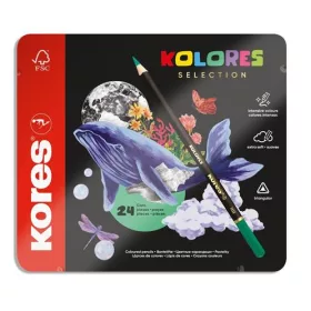   Színes ceruza készlet, KORES "Kolores Selection", háromszögletű, fém dobozban, 24 különböző szín