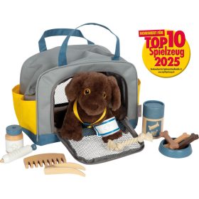 Plüss kutya szállítótáskával és ápolóeszközökkel