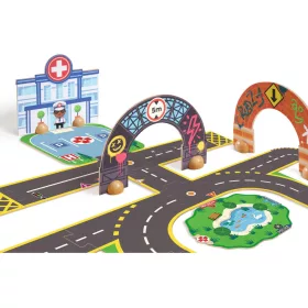   Djeco - Crazy Motors autópálya - Városi úthálózat épület elemekkel - Padló puzzle