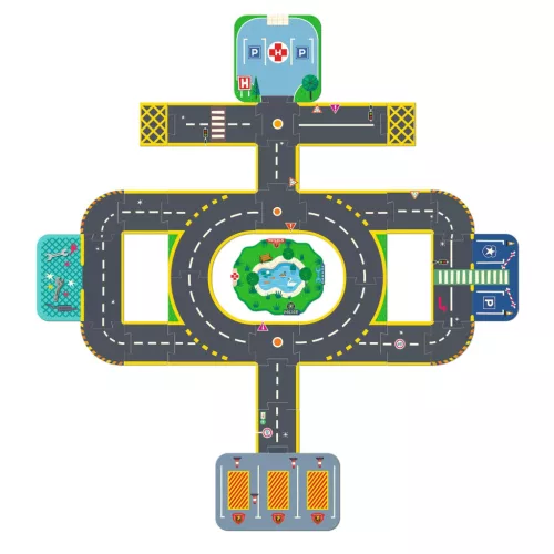 Djeco - Crazy Motors autópálya - Városi úthálózat épület elemekkel - Padló puzzle