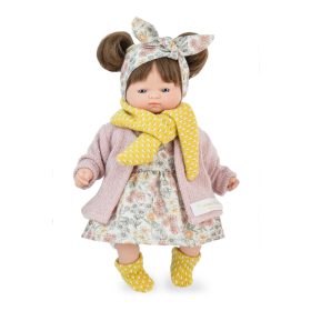   Marina&Pau Díszdobozban -Kislány színes virágos ruhában és kardigánban, sárga kiszoknival és sállal - 26cm