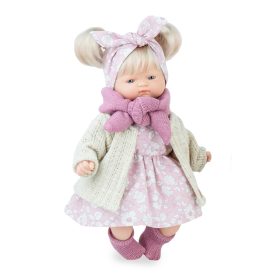   Marina&Pau Díszdobozos Kislány rózsaszín, fehér virágos ruhában és kardigánban, sállal - 26cm