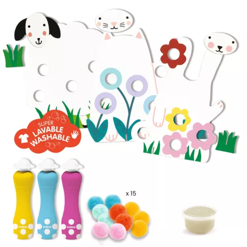 Djeco - Képszínezés pöttyökkel és pompomokkal - Lenn a fűben - Dots and Pompoms – In the Grass