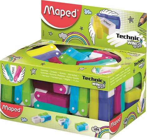 Radír display, műanyagtokos, MAPED "Technic Wings", vegyes színek