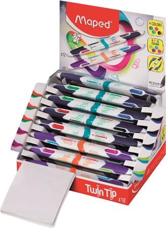Golyóstoll display, 0,5 mm, kétvégű, MAPED "Twin Tip", 4 hagyományos vagy 4 vidám szín