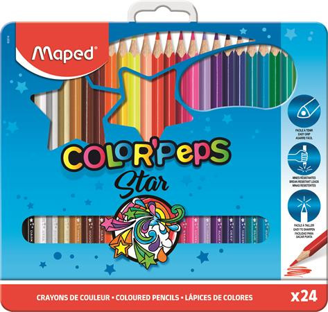 Színes ceruza készlet, háromszögletű, fém doboz, MAPED "Color'Peps", 24 különböző szín