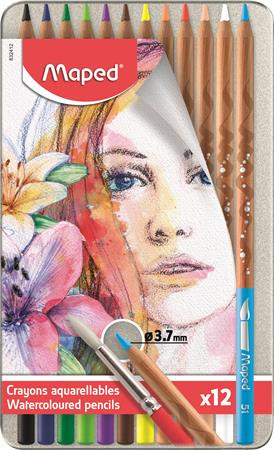 Akvarell ceruza készlet, ecsettel, fém doboz, MAPED "Artists", 12 különböző szín
