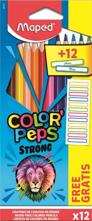 Színes ceruza készlet, háromszögletű, MAPED, "Color'Peps Strong" 12 különböző szín + 12 ajándék matrica